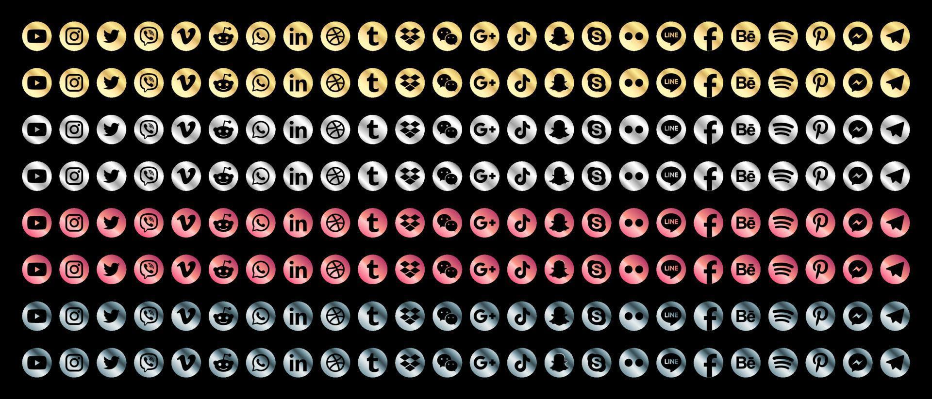 gyllene och silver facebook, instagram, twitter, youtube, whatsapp, dribbling, tiktok, och många fler gyllene och silver samling av populära sociala medier ikoner. vektor