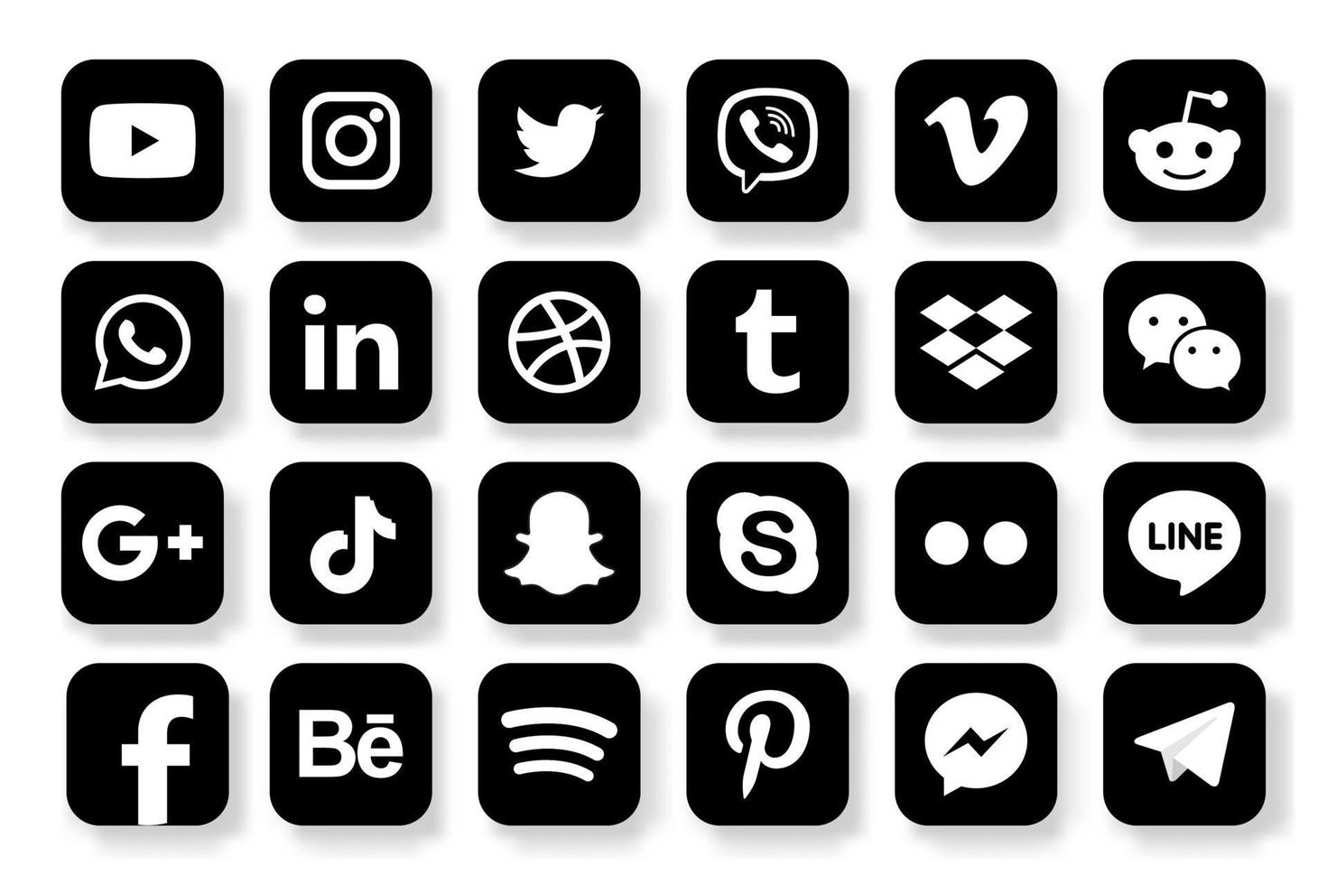 ställ in populära ikoner för sociala medier. facebook, instagram, twitter, youtube, pinterest, behance, google plus, linkedin, whatsapp, snapchat, tiktok, tumblr, spotify, dropbox och många fler vektor