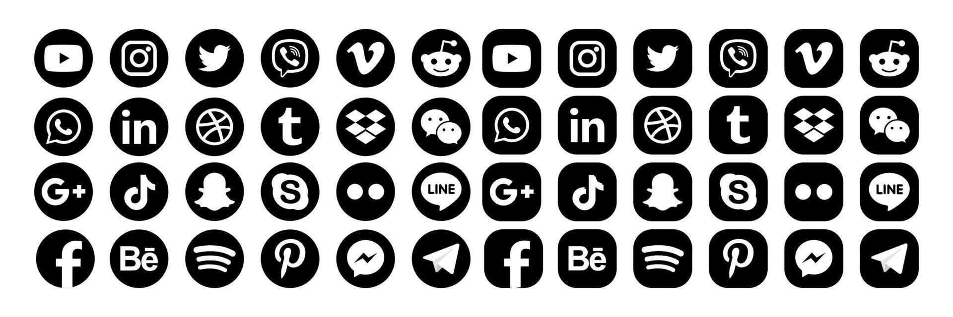 ställ in populära ikoner för sociala medier. facebook, instagram, twitter, youtube, pinterest, behance, google plus, linkedin, whatsapp, snapchat, tiktok, tumblr, spotify, dropbox och många fler vektor