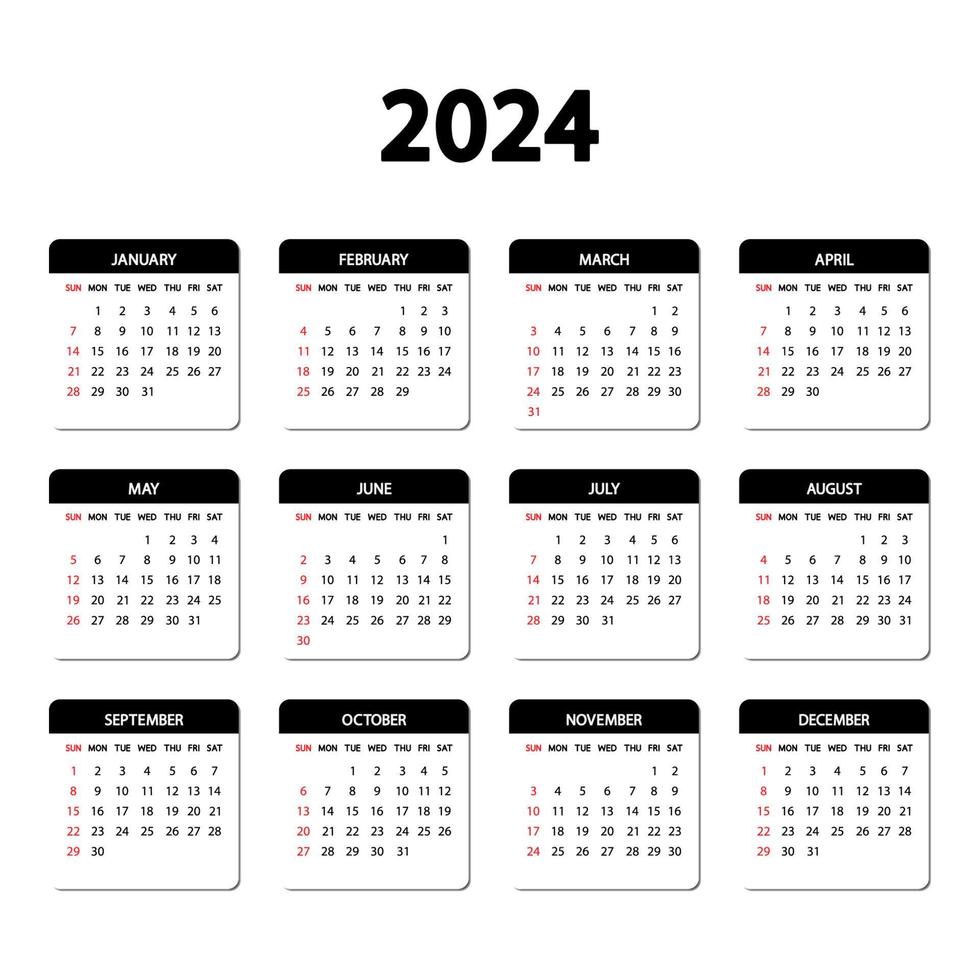 kalender 2024 år. veckan börjar på söndag. mall för årlig engelsk kalender 2024. vektor