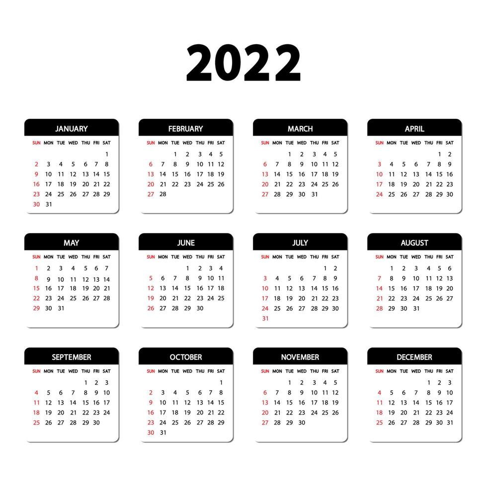 kalender 2022 år. veckan börjar på söndag. mall för årlig engelsk kalender 2022. vektor