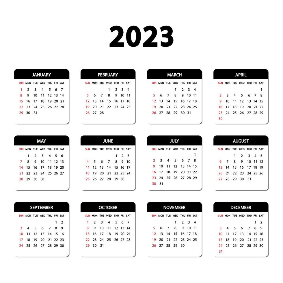 kalender 2023 år. veckan börjar på söndag. mall för årlig engelsk kalender 2023 vektor