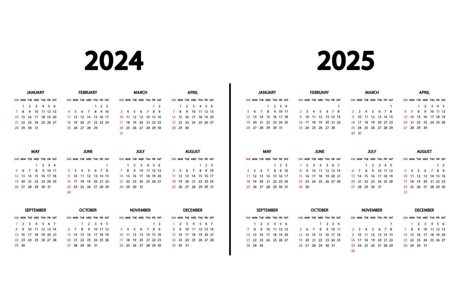 Kalender Englisch 2024 und 2025 Jahre. die woche beginnt sonntag. Jahreskalender 2024, Vorlage 2025. Briefpapier vertikale Vorlage in einfachem, minimalistischem Design. vektor