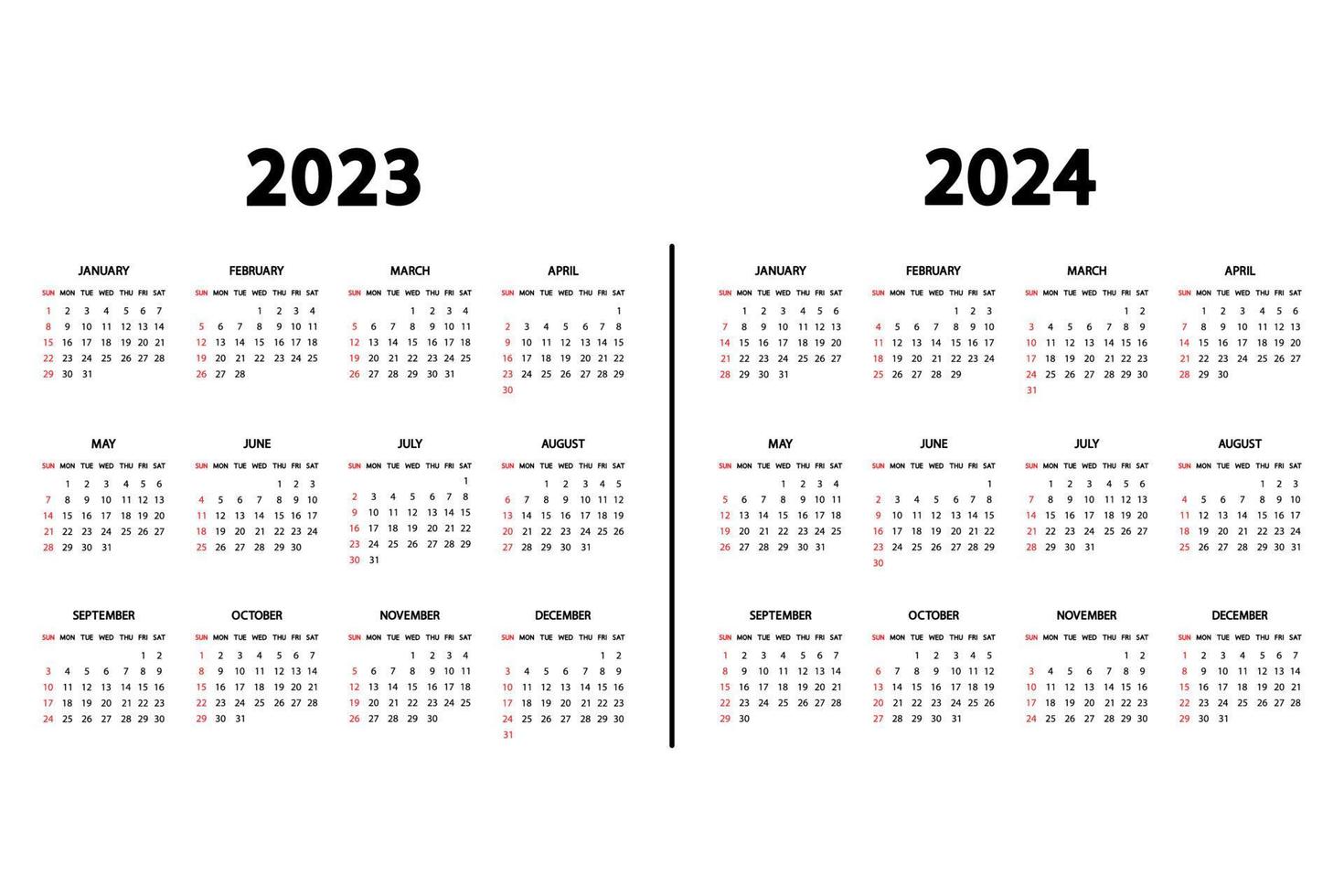 Kalender Englisch 2023 und 2024 Jahre. die woche beginnt sonntag. Jahreskalender 2023, 2024-Vorlage. Jahresorganisator in minimalistischem Design. hochkant vektor