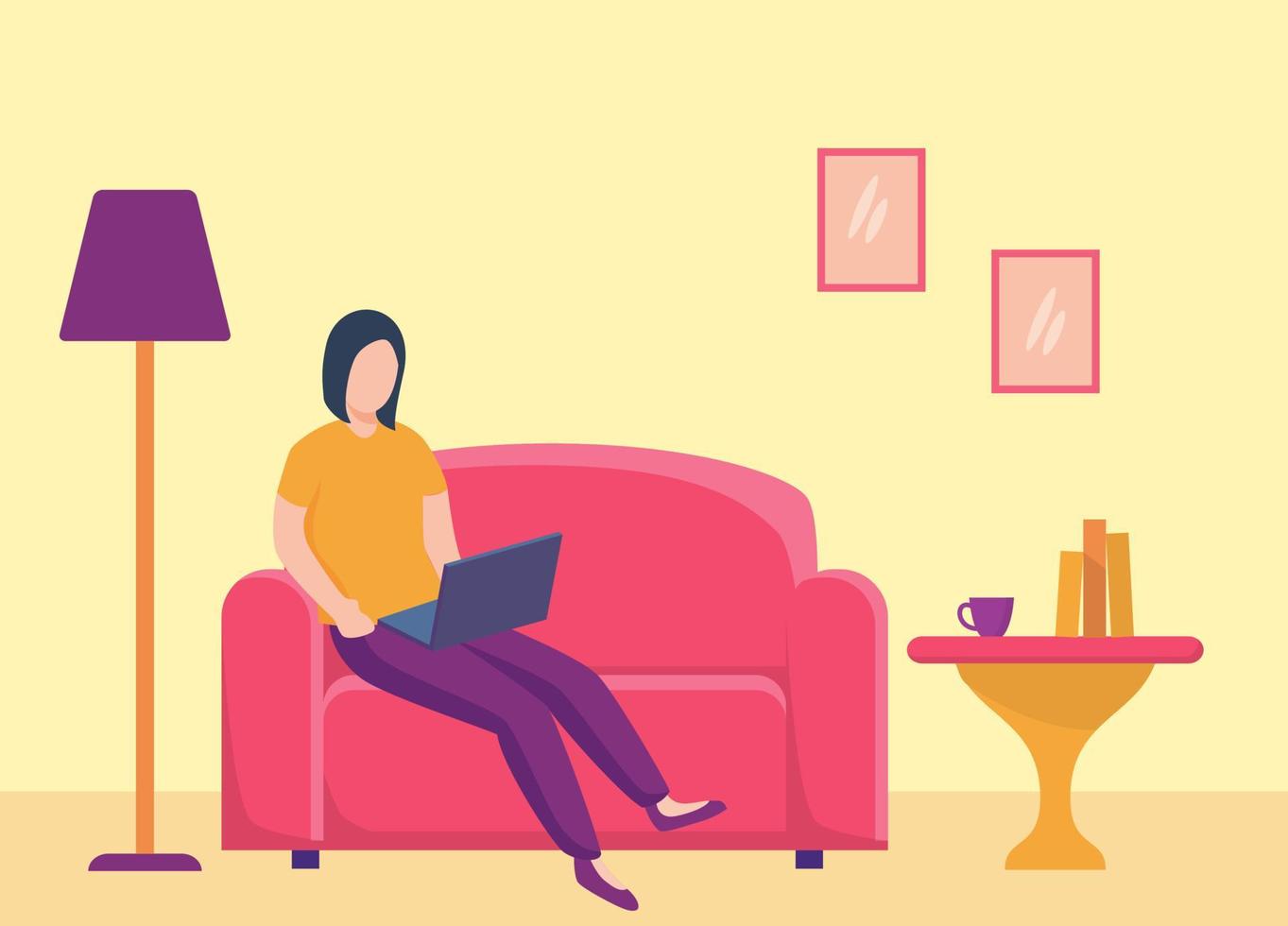 stanna hemma eller arbeta hemifrån med kvinna kvinnlig sittande arbetar från soffa soffa i huset med modern platt stil vektor
