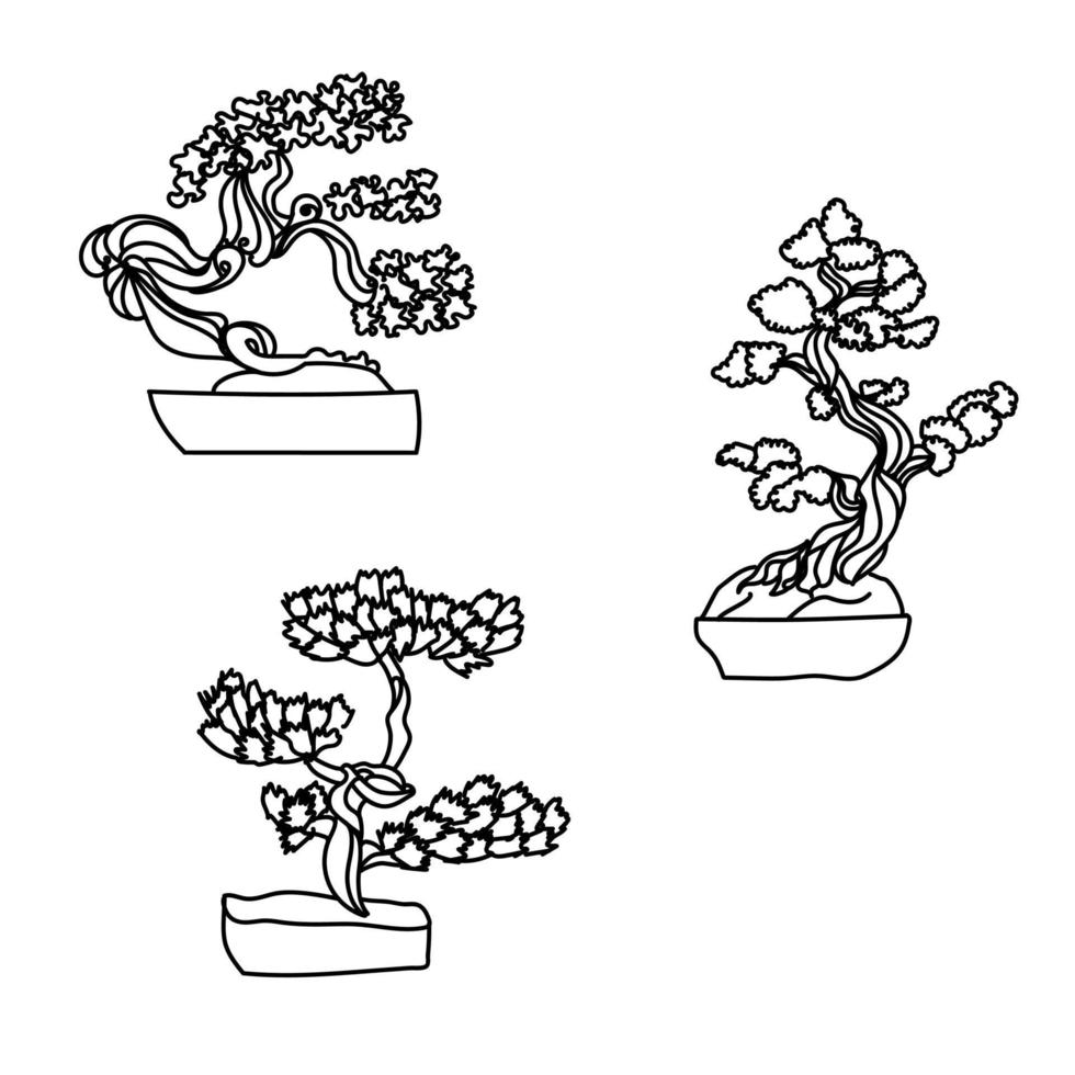 uppsättning kontur bonsai, vektor hand rita illustration, hem växt i kruka