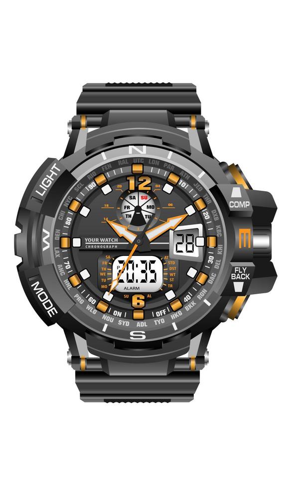 realistischer schwarzer uhr sport chronograph digital für männer design modern auf weißem hintergrundvektor vektor