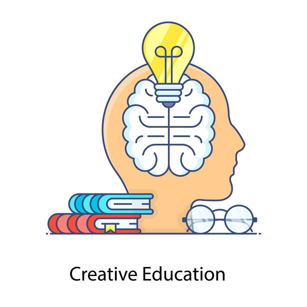 Symbol für kreative Bildung, Glühbirne im Kopf mit Büchern in flachem Umrissdesign vektor