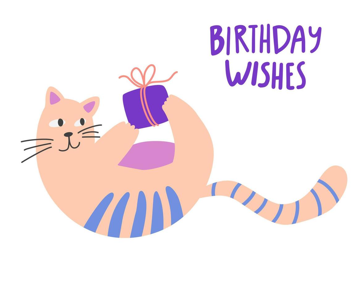 Katze mit einer Geschenkbox. lustige süße katze mit geschenk. perfekt für Geburtstagsfeiertage und Neujahr. Hand gezeichnete Vektorillustration, Fahne oder Karte lokalisiert auf weißem Hintergrund vektor