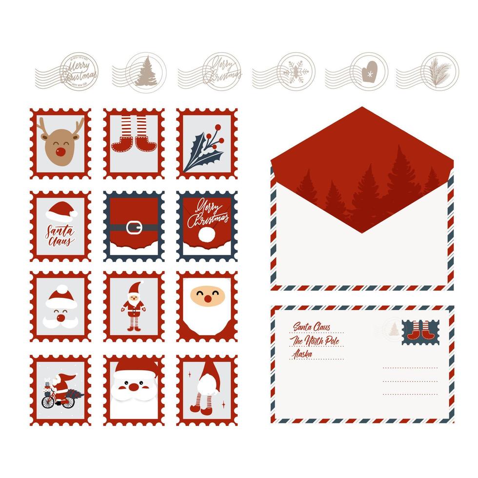 Satz Weihnachtsbriefmarken, Briefmarken und Umschläge. vektor