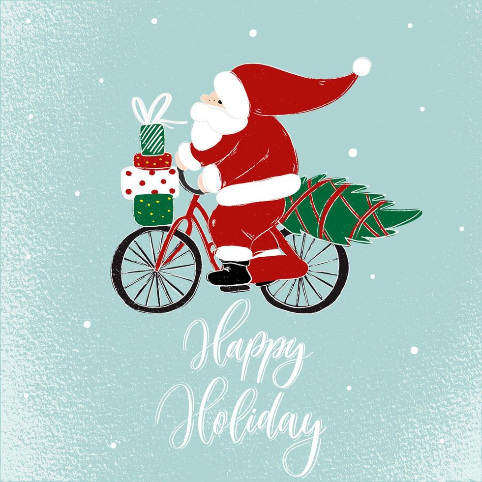 rolig jultomte på en cykel med presentförpackningar och julgran. vektor tecknad illustration.happy holiday bokstäver.