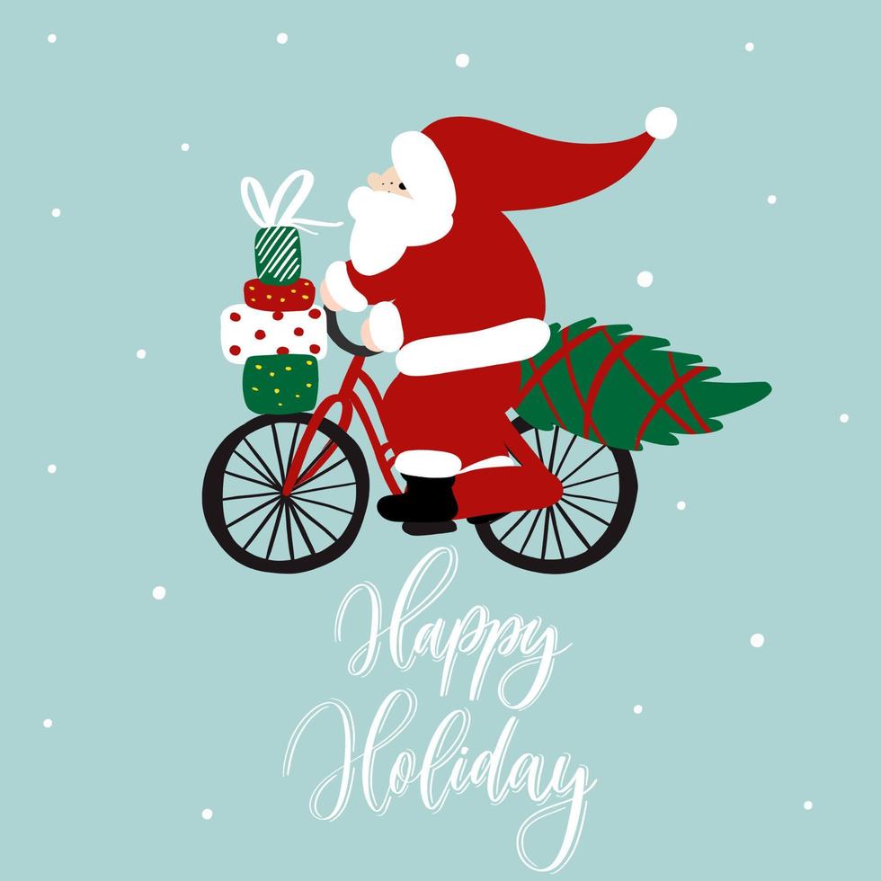 rolig jultomte på en cykel med presentförpackningar och julgran. vektor tecknad illustration.happy holiday bokstäver.