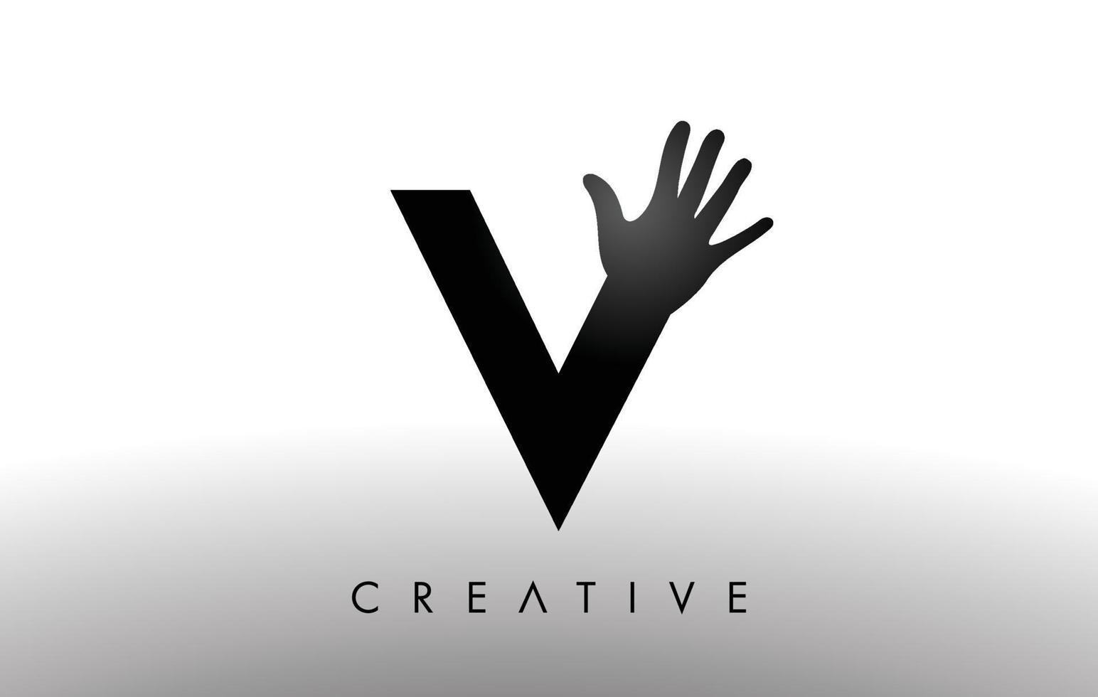 bokstaven v logotyp med hand siluett vektor ikon illustration. kreativa hand logotyp bokstav