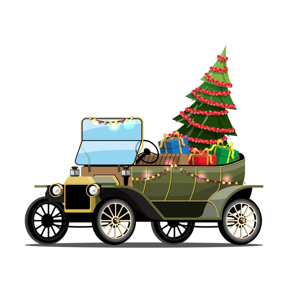 Frohe Weihnachten-Vektor-illustration Retro-Pickup-Truck Vintage-Stil mit Weihnachtsbaum. vektor