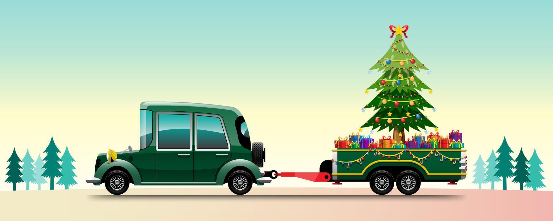 Frohe Weihnachten-Vektor-illustration Retro-Pickup-Truck Vintage-Stil mit Weihnachtsbaum. vektor