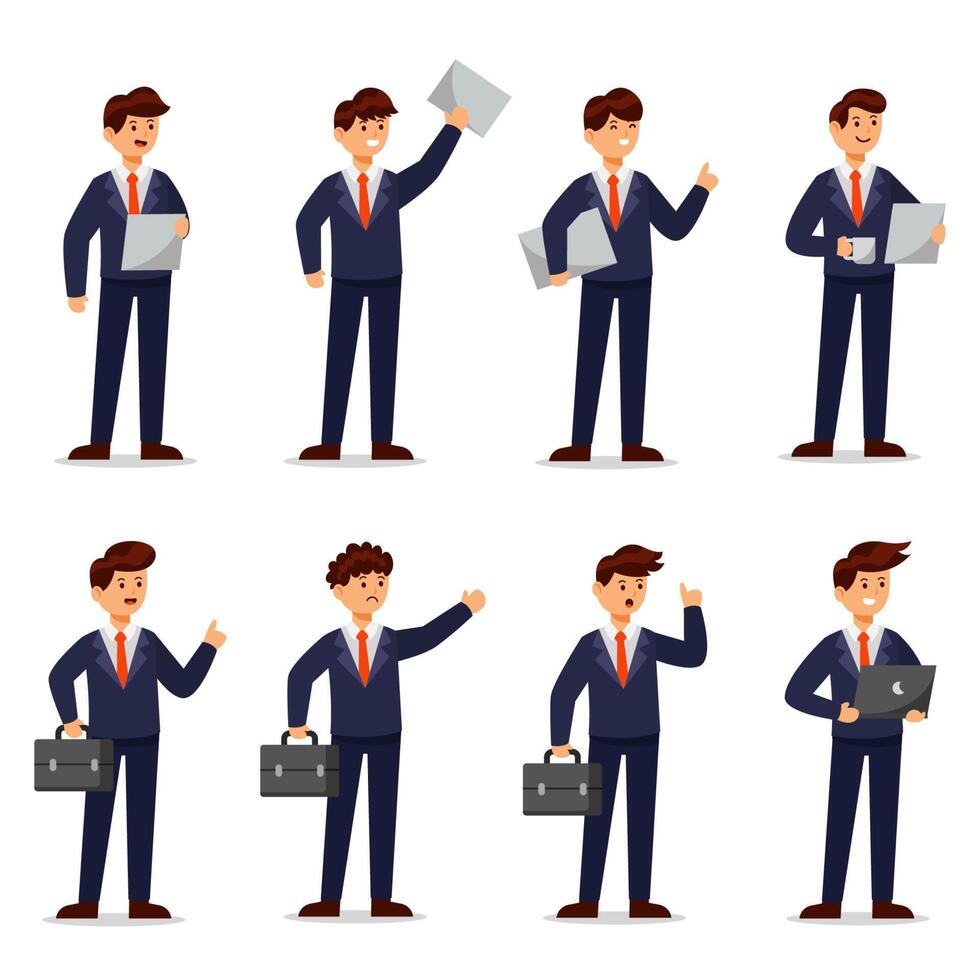 Cartoon-Vektor-Illustration Geschäftsmann Charaktere in verschiedenen Posen und Laptop oder Aktentasche vektor