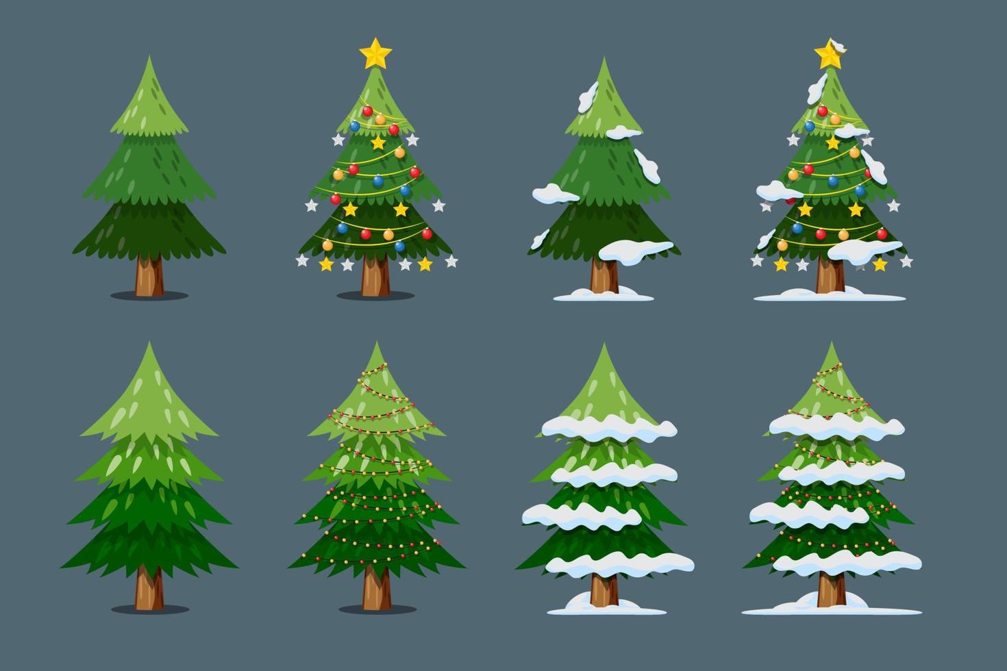 Vektor-Weihnachtsbaum isoliert mit Glühbirne, Sternen und Kugeln, Schnee auf den Blättern auf weißem Hintergrund. vektor