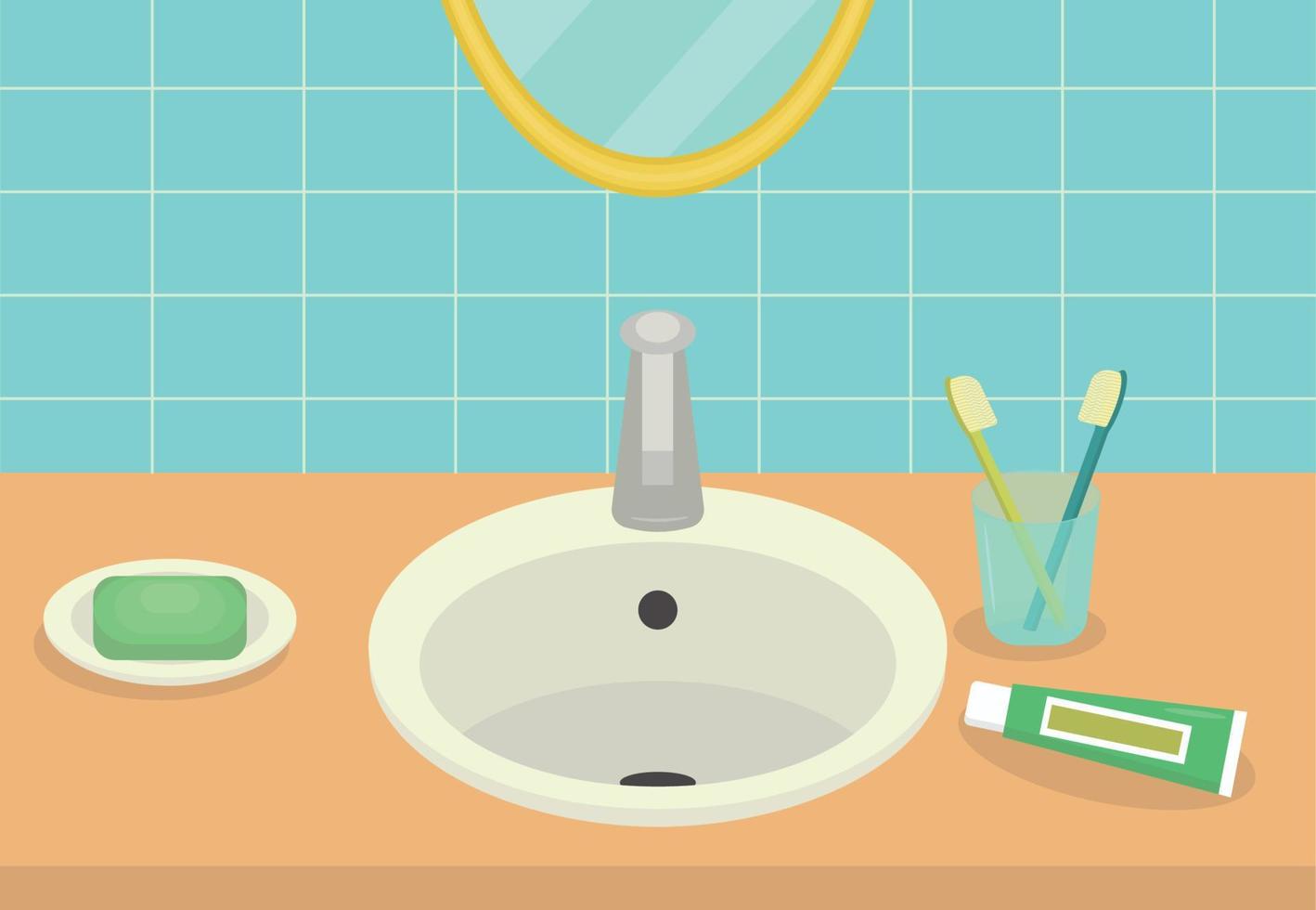 minimalistisk badrumsinredning. tvättställ med tvål, borstar och tandkräm, spegel. platt vektor ämne illustration