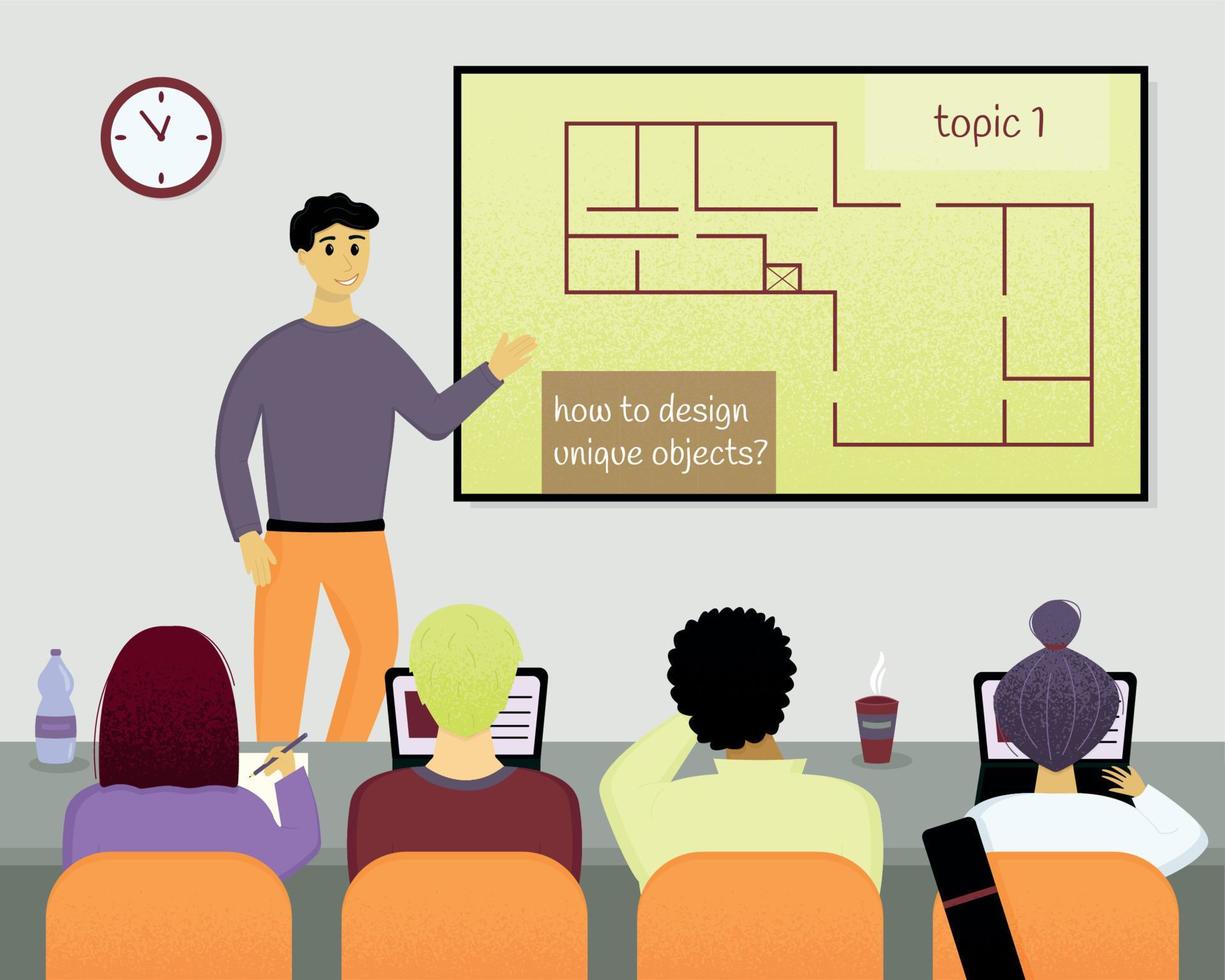 Ausbildung von Architekten im Klassenzimmer. Weiterbildungskurse für Architekten. Publikum mit Dozent, Studenten und Bildschirm. flache vektortexturillustration vektor