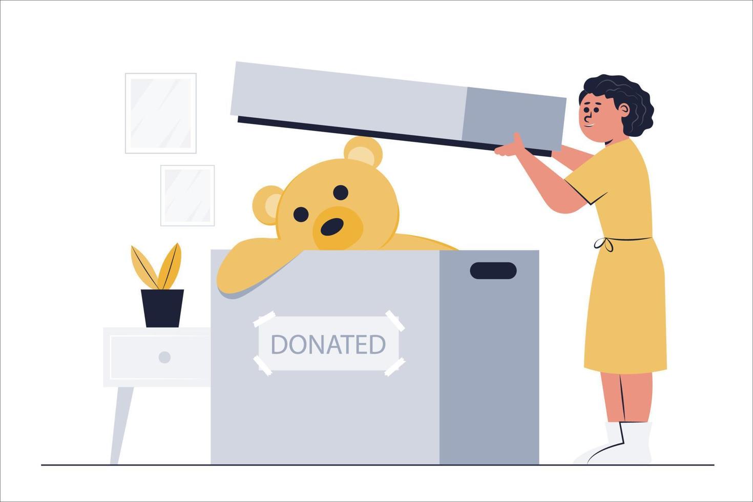 Eine Reinigungskraft sammelt einen großen Teddybären ein und schickt ihn zur Spende in die Gärtnerei. vektor