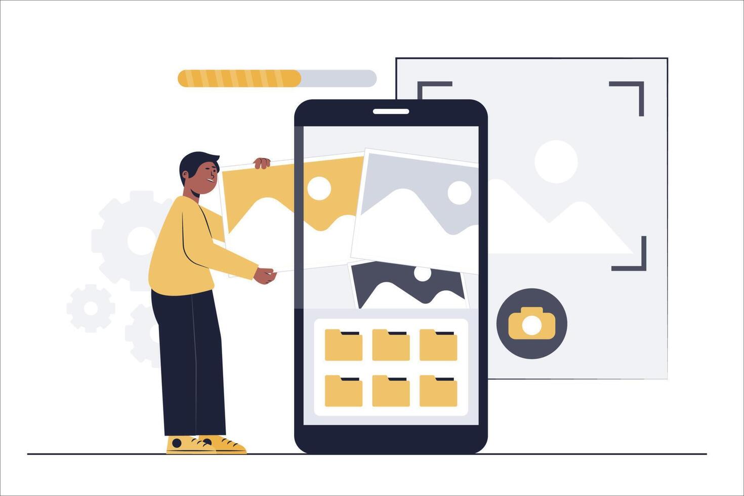 människor som tar foto på mobiltelefon. han valde en bild från galleriet att använda. modern platt design. vektor illustration