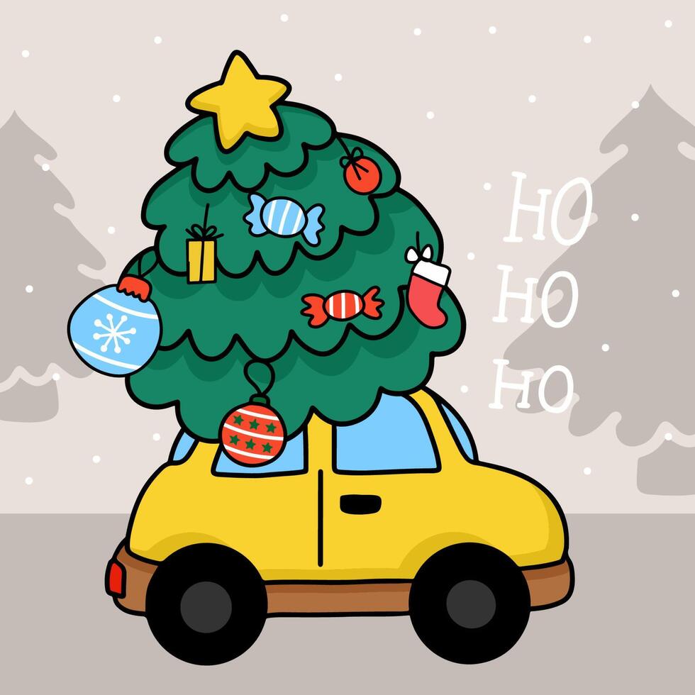 Weihnachtsbaum auf gelber Autovektorillustration vektor