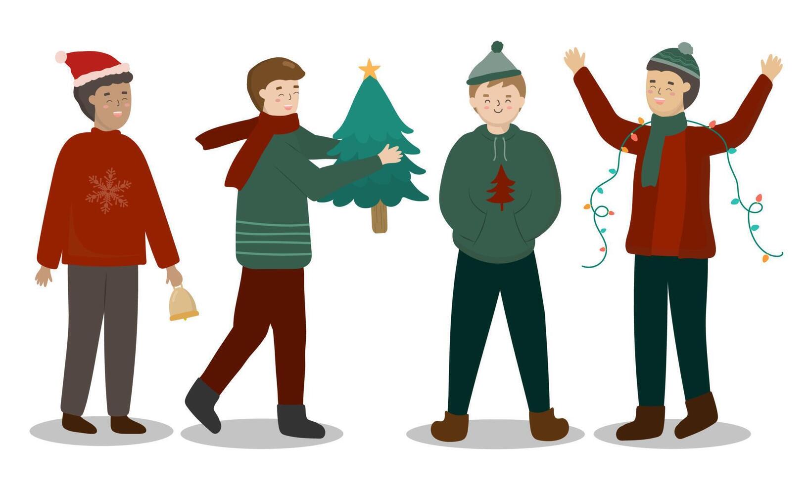 Freunde in verschiedenen Aktivitäten mit Mode-Pullover-Design-Element für Einladungskarte, Party, Neujahr, Weihnachten. vektor