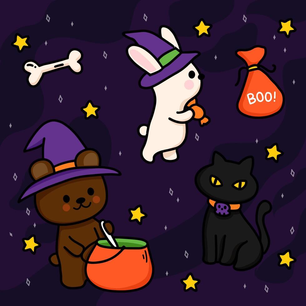 Halloween-Nachtkaninchen, schwarze Katzen und Bären sind Zauberer, die Gift in einem Topf kochen. vektor