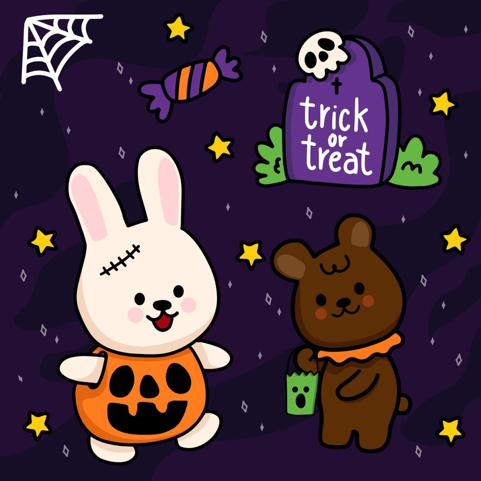 Halloween-Nacht-Kaninchen und Bär auf dem Friedhof mit Kürbissen vektor