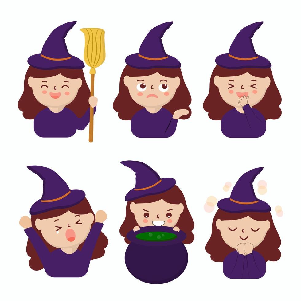 Vektor Hexenfrau Charakter oder Maskottchen in verschiedenen Posen und Aktivitäten.