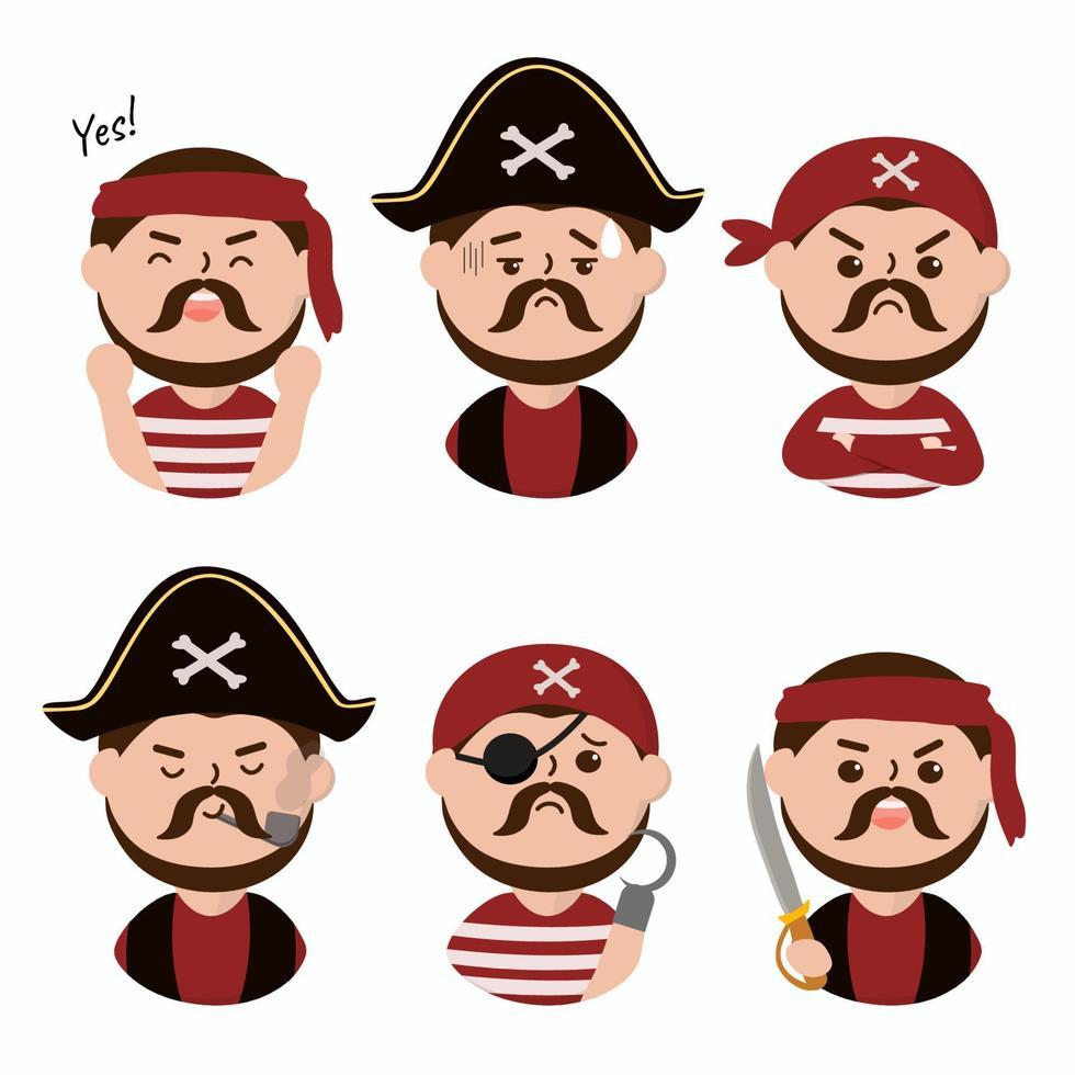 menschliche Piratenzeichentrickfiguren in verschiedenen Posen und Emotionen wie Seemann, Häuptling, froh, krank, selbstbewusst, Haken, Schwert. vektor