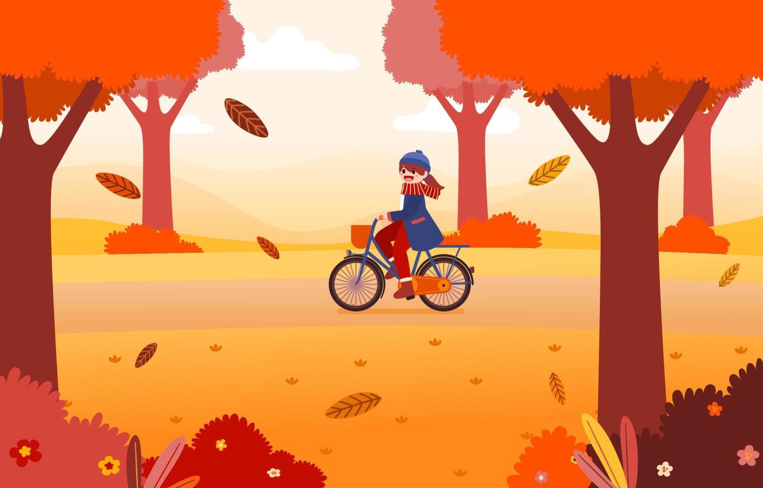 junge Frau, die in der Herbstsaison Fahrrad im Park fährt vektor