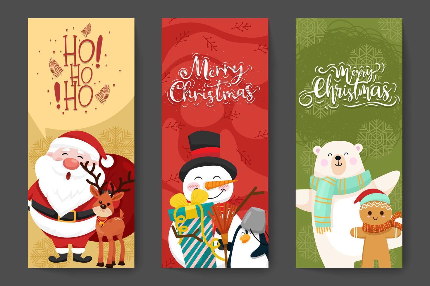 jul och nyår bakgrund banner. jultomten, pingvin, snögubbe, pepparkakor och björnbanderoll. vektor