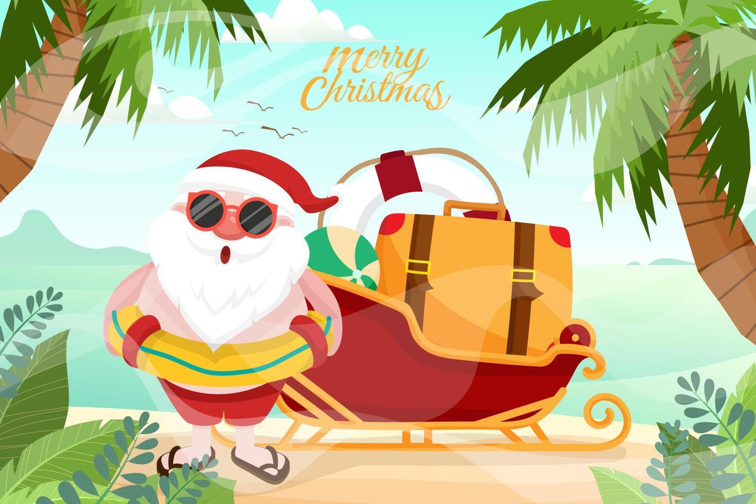 Weihnachtsmann trägt Schwimmring. Sommerweihnachtsmann mit Gepäck und Schwimmring auf Schlitten erholt sich auf tropischem Ozeanhintergrund des Strandes. vektor