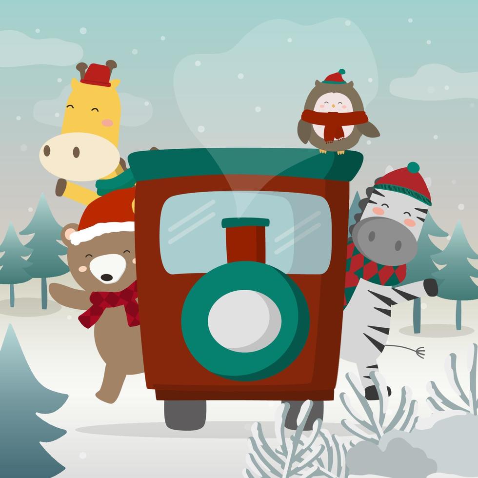 Weihnachtsthemenlandschaft im Schnee. Tiere reisen mit dem Zug, um Weihnachten zu feiern. vektor