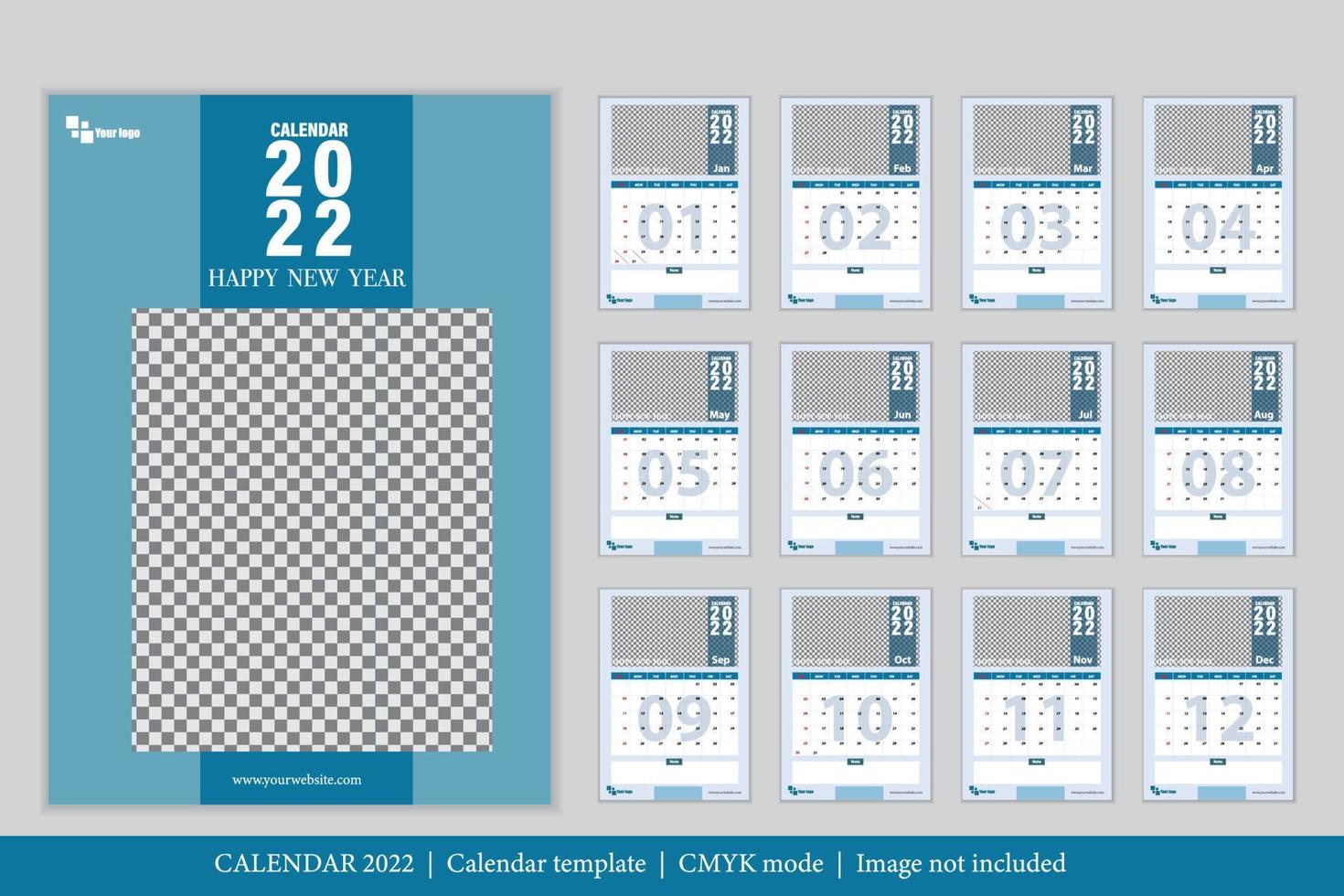 Kalender 2022 Design, das Jahr des Tigers Monatskartenvorlagen, Satz von 12 Monaten vektor