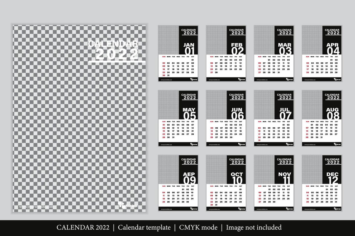 Kalender 2022 Design, das Jahr des Tigers Monatskartenvorlagen, Satz von 12 Monaten vektor