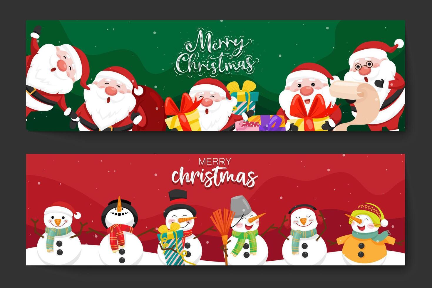 Frohe Weihnachten und ein glückliches neues Jahr Banner Weihnachtsmann, Schneemann mit Geschenkboxen, dekorative Gestaltungselemente für Weihnachtsfeiertagseinkaufsförderung. vektor