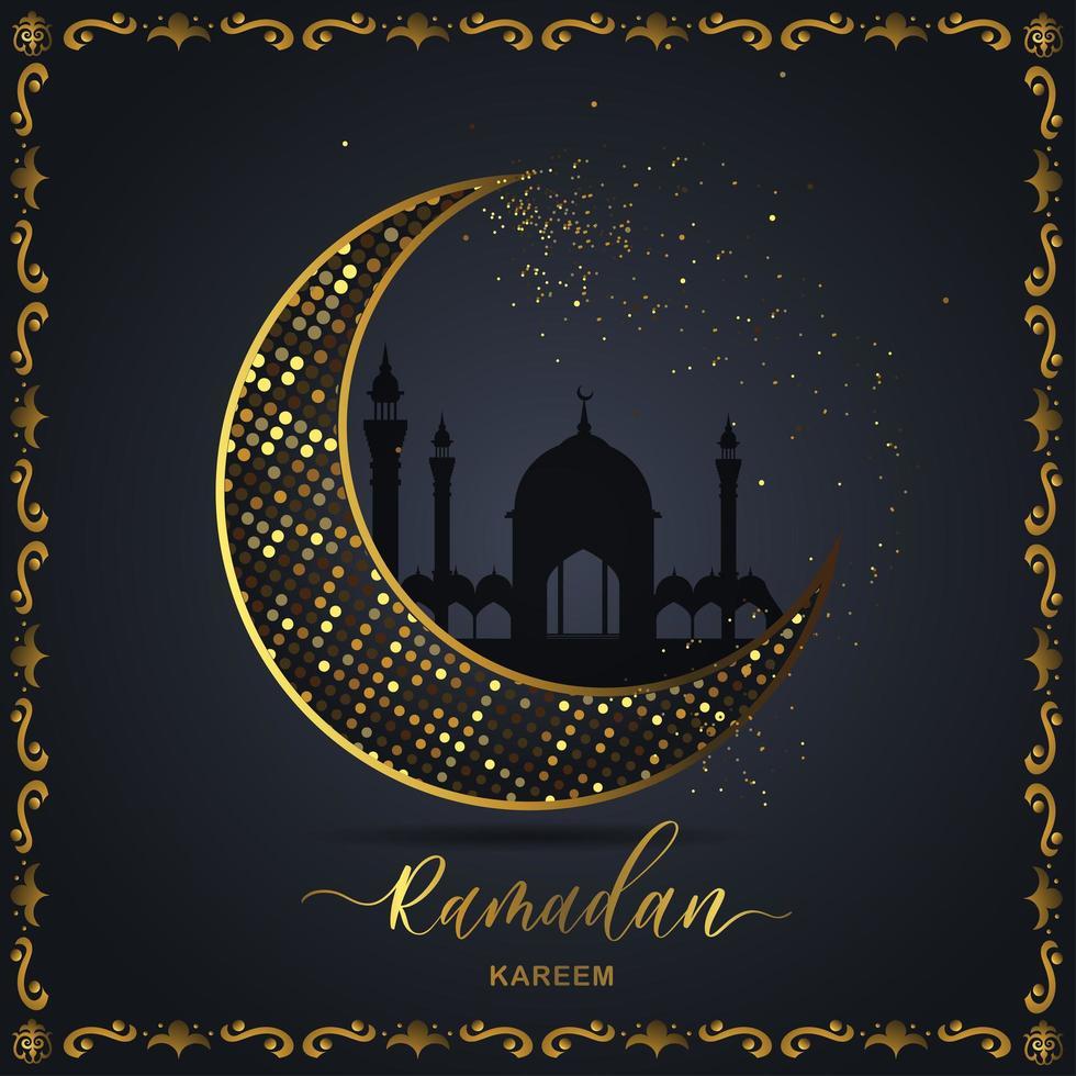 ramadan kareem islamisk design halvmåne och moskékupol siluett med arabiskt mönster och kalligrafi. vektor