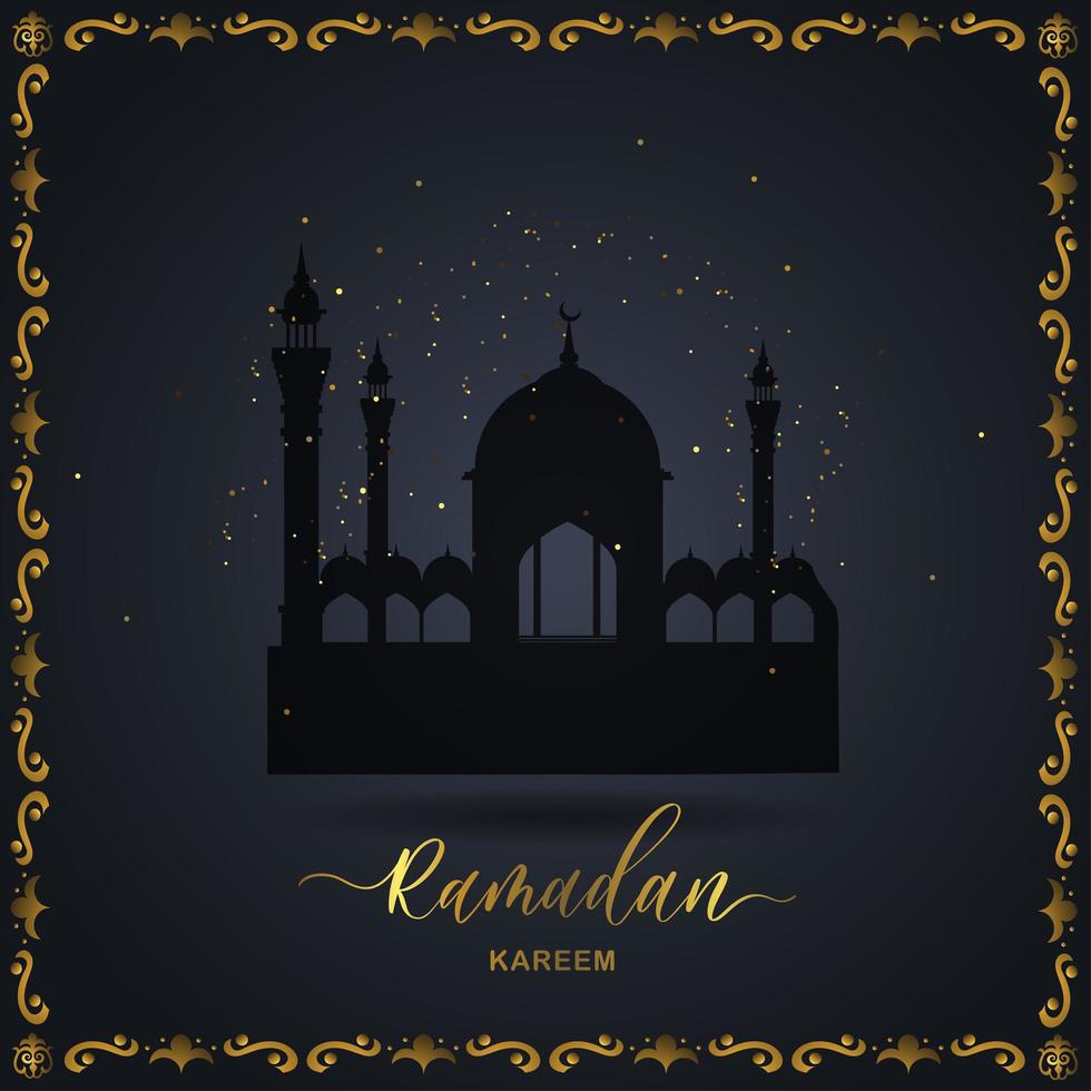 ramadan kareem islamisk design halvmåne och moskékupol siluett med arabiskt mönster och kalligrafi. vektor