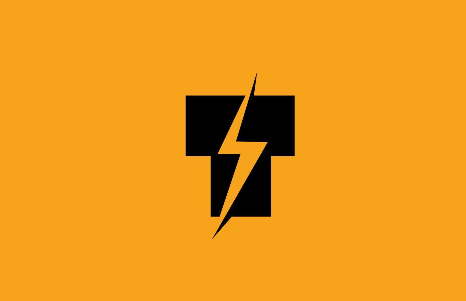 t svart gul alfabetet bokstavslogotyp ikon. elektrisk blixtdesign för kraft- eller energiföretag vektor