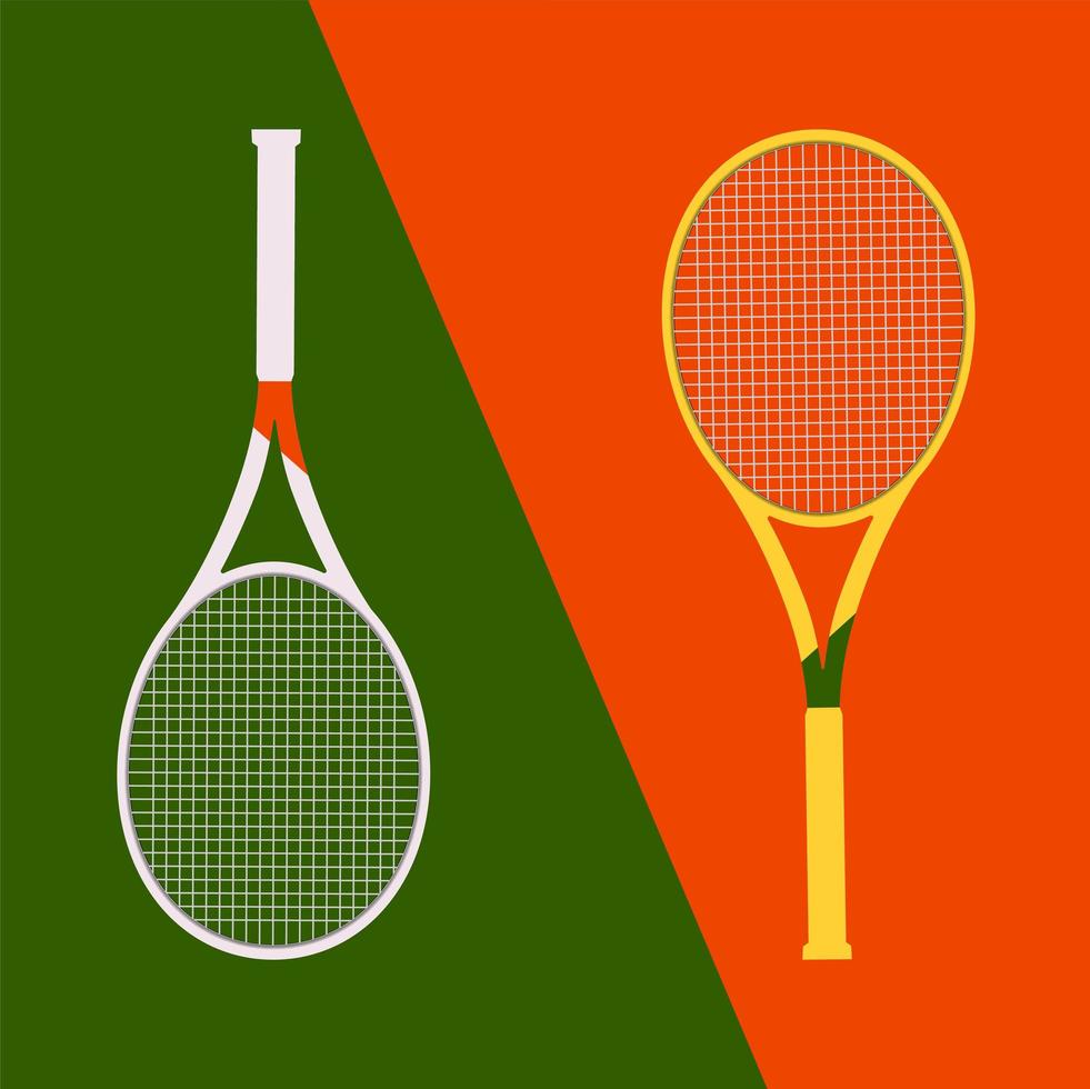 vektor illustration med två racketar. vita och gula tennisracketar på en röd och grön diagonal bakgrund.