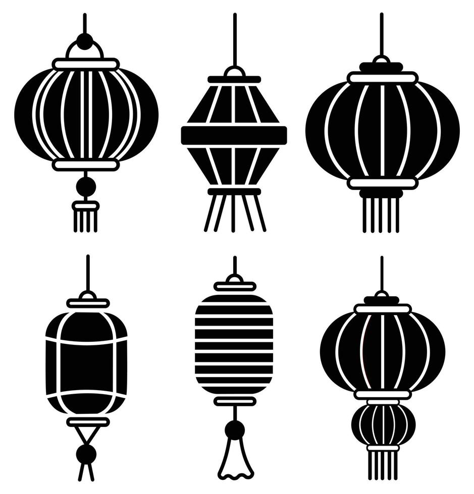 vektor uppsättning kinesiska lyktor, japansk ikon lampa, hängande lyktor av traditionell asiatisk inredning.