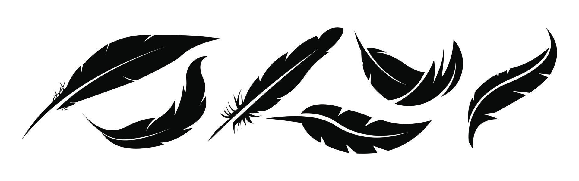 uppsättning av att skriva fjäder fjäder enkel siluett ikon, fjäder svart vektor kalligrafi ikon
