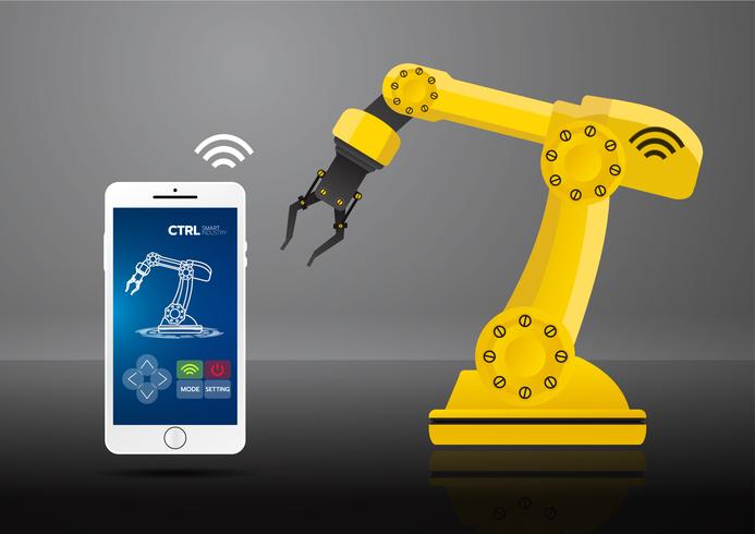 Ikone des Konzeptes der Industrie 4.0, Internet des Dingenetzwerks, intelligente Fabriklösung, Fertigungstechnologie, Automatisierungsroboter mit grauem Hintergrund vektor