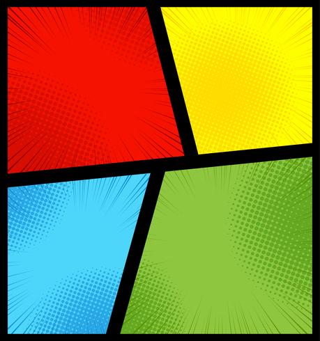 Comic-Seitenhintergrund mit radialen, Halbtoneffekten und Strahlen im Pop-Art-Stil Leere Vorlage in den Farben Grün, Gelb, Blau und Rot. vektor