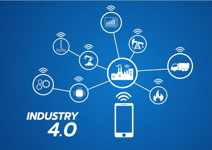 Ikone des Konzeptes der Industrie 4.0, Internet des Dingenetzwerks, intelligente Fabriklösung, Fertigungstechnologie, Automatisierungsroboter mit grauem Hintergrund vektor