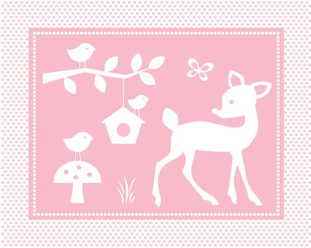 söt hjortscenen med fåglar och fågelhus på rosa polka dotbakgrund vektor