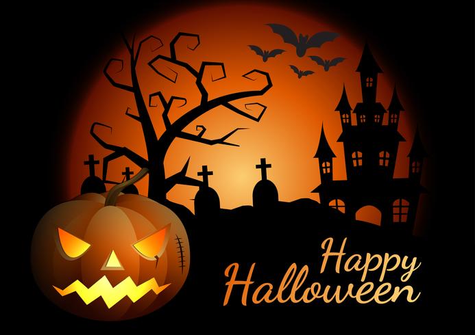 Halloween pumpor och mörkt slott på bakgrunden, Happy Halloween meddelande design illustration. vektor