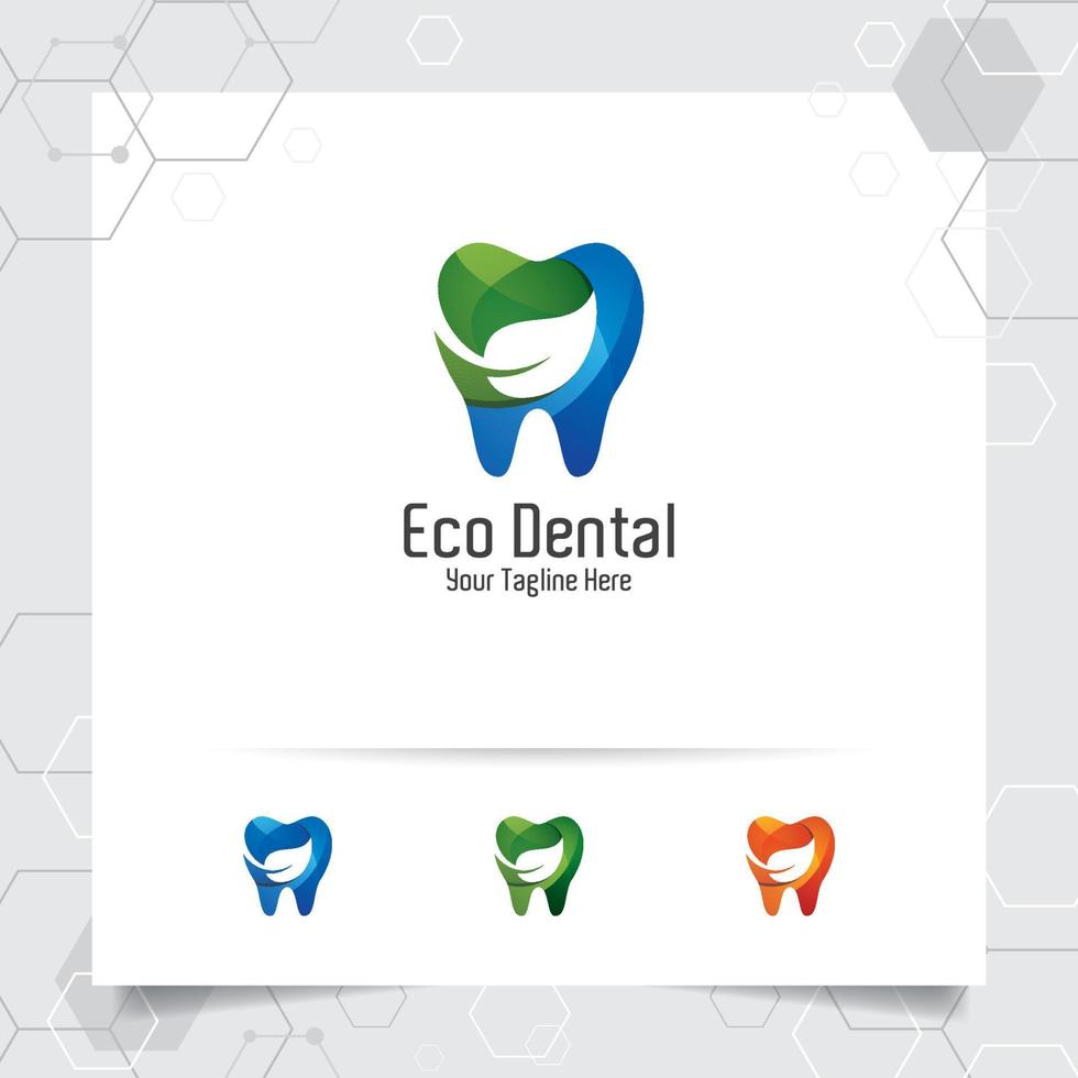 Dental Logo Zahnarzt Vektordesign mit Konzept von grünen Blättern und Zahnsymbol. Zahnpflege für Krankenhaus, Arzt, Klinik und Gesundheit. vektor